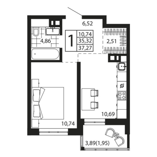 1-комн. квартира 37.27 м²