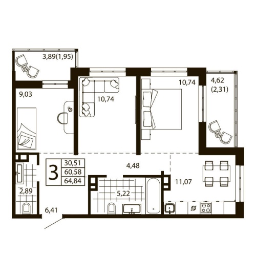 3-комн. квартира 64.84 м²