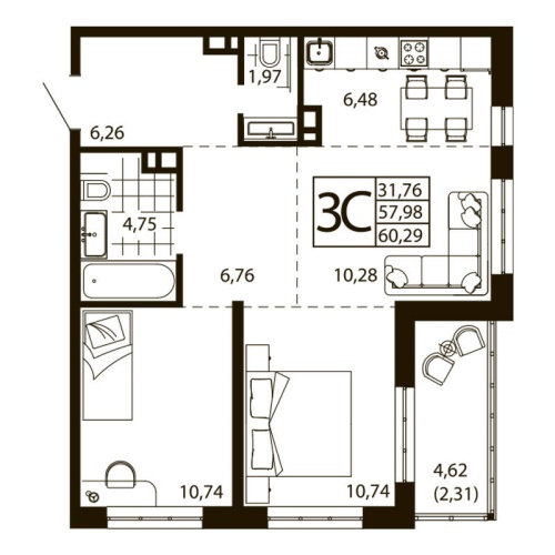 Евро 3-комн. квартира 60.21 м²