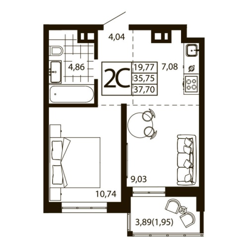 Евро 2-комн. квартира 36.96 м²
