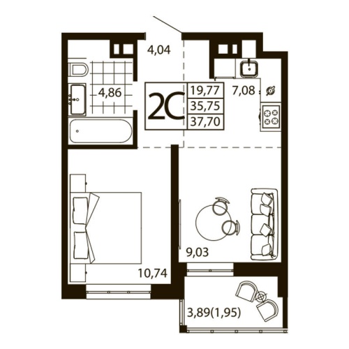 Евро 2-комн. квартира 36.96 м²