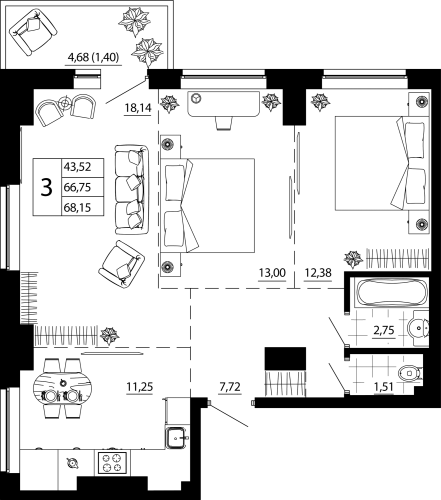 3-комн. квартира 67.86 м²
