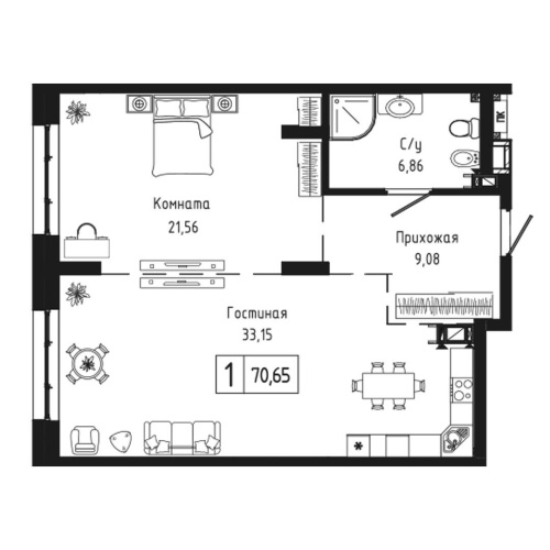 1-комн. квартира 70.65 м²