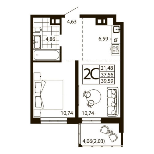 Евро 2-комн. квартира 39.51 м²