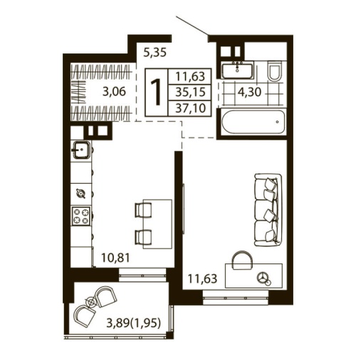 1-комн. квартира 36.37 м²