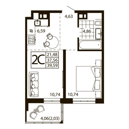 Евро 2-комн. квартира 39.51 м²