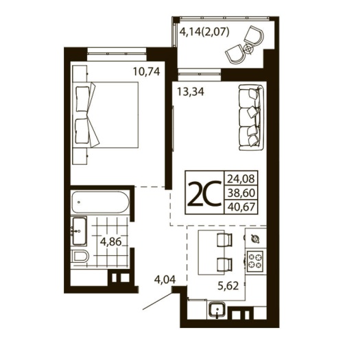 Евро 2-комн. квартира 39.95 м²