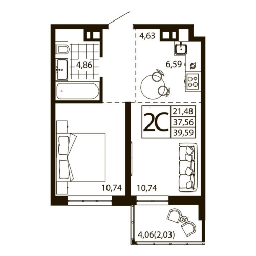 Евро 2-комн. квартира 39.59 м²