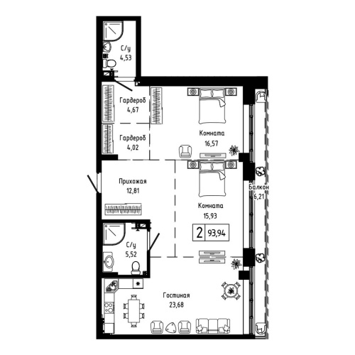 2-комн. квартира 93.94 м²