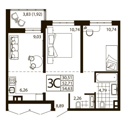 Евро 3-комн. квартира 54.11 м²