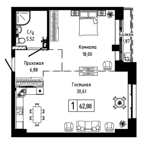 1-комн. квартира 62.88 м²