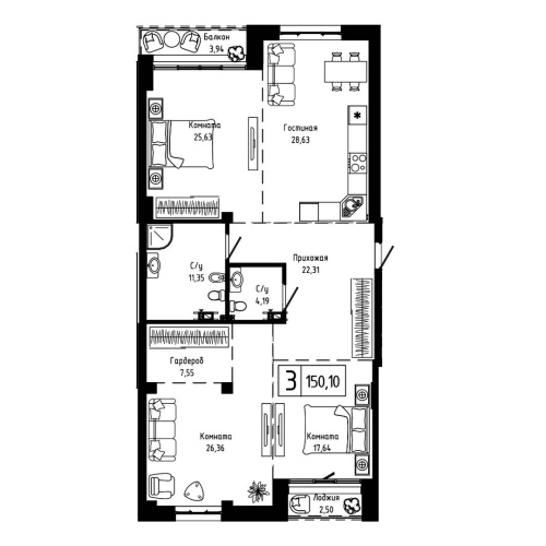 3-комн. квартира 150.1 м²