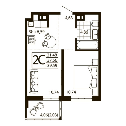 Евро 2-комн. квартира 39.51 м²