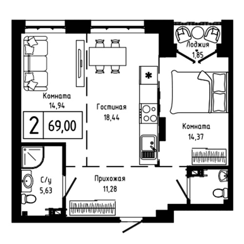 2-комн. квартира 69 м²