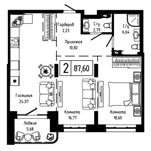 2-комн. квартира 87.6 м²