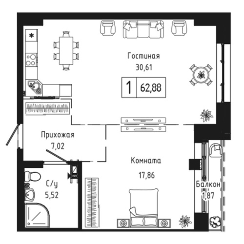 1-комн. квартира 62.88 м²