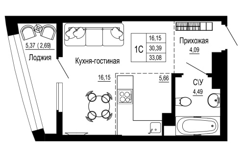 1-комн. квартира 33.08 м²