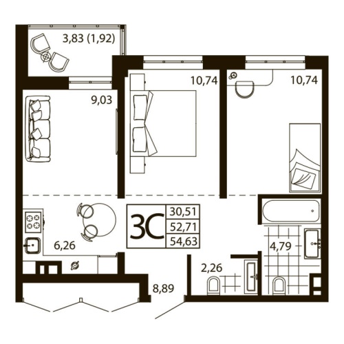 Евро 3-комн. квартира 54.36 м²