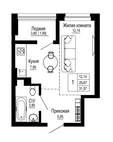 1-комн. квартира 31.69 м²