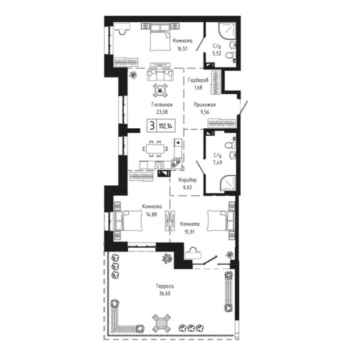 3-комн. квартира 112.4 м²