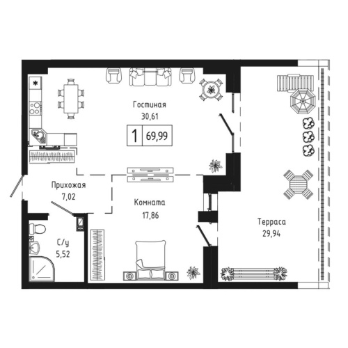 1-комн. квартира 69.99 м²