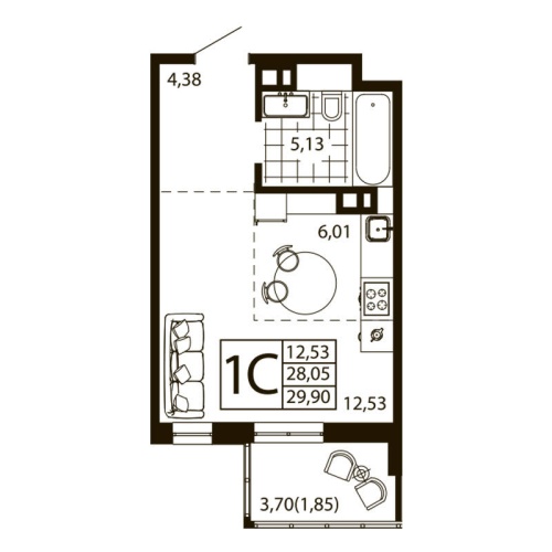 Студия 29.9 м²