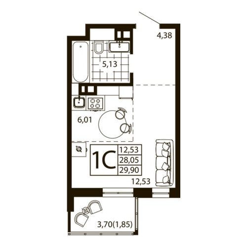 Студия 29.17 м²