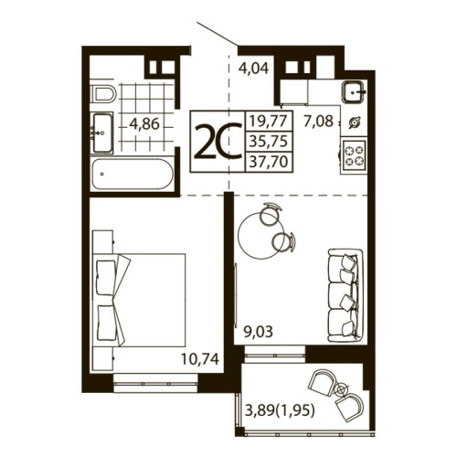 Евро 2-комн. квартира 37.73 м²