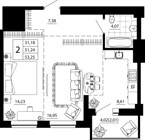 2-комн. квартира 52.96 м²