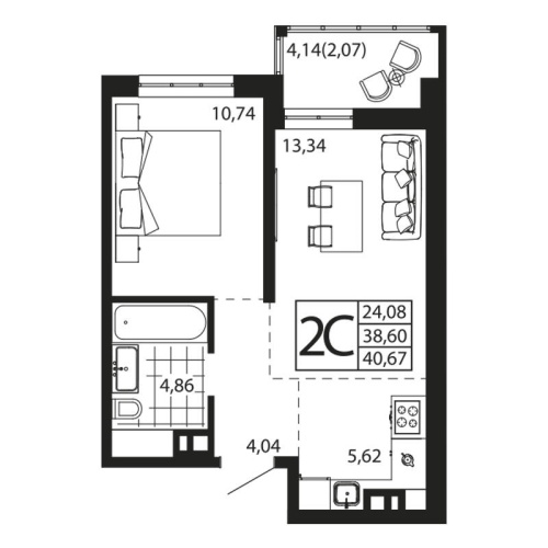 Евро 2-комн. квартира 40.62 м²