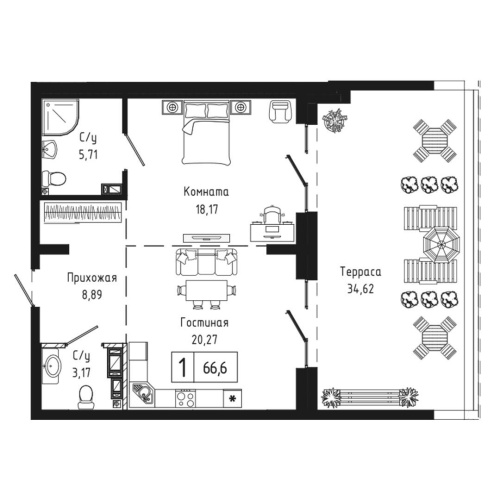 1-комн. квартира 66.6 м²