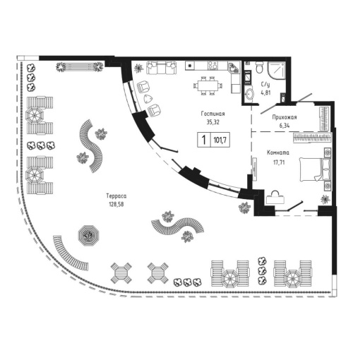 1-комн. квартира 101.7 м²