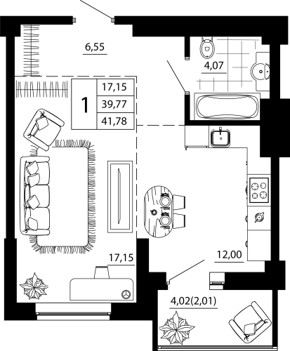 1-комн. квартира 41.53 м²