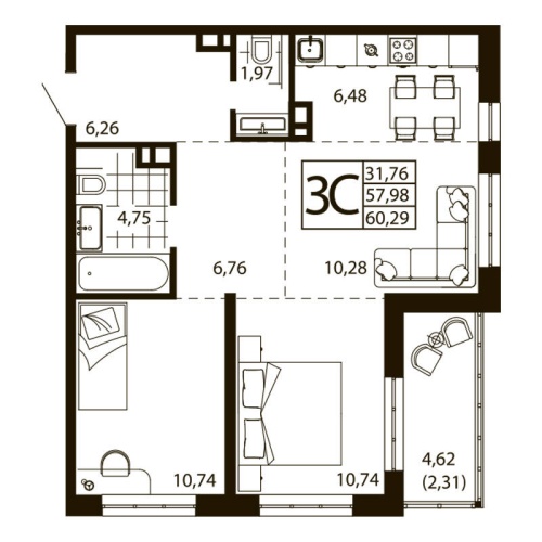 Евро 3-комн. квартира 60.29 м²