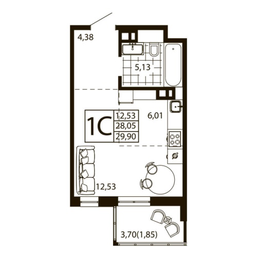 Студия 29.17 м²