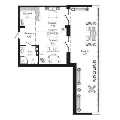 1-комн. квартира 73.9 м²