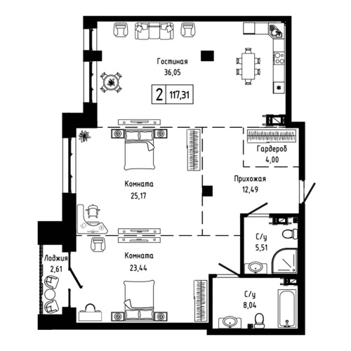 2-комн. квартира 117.31 м²