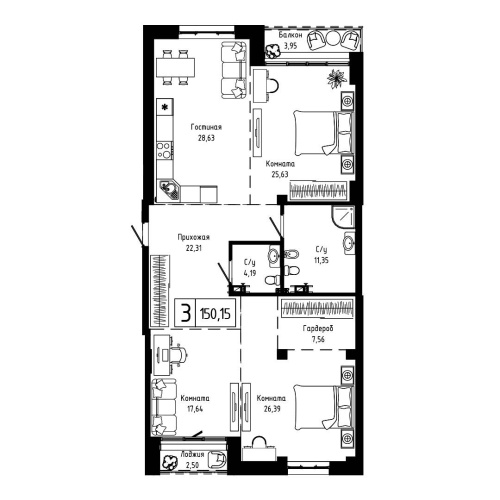3-комн. квартира 150.15 м²