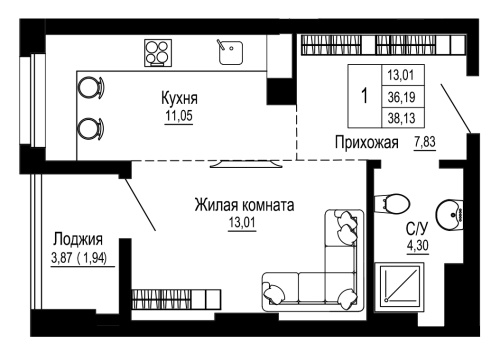 1-комн. квартира 38.17 м²