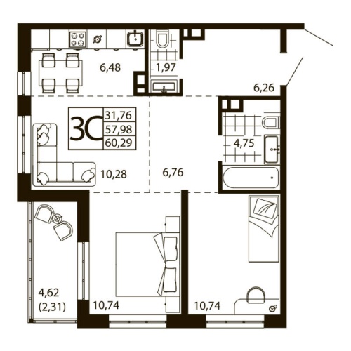 Евро 3-комн. квартира 60.29 м²