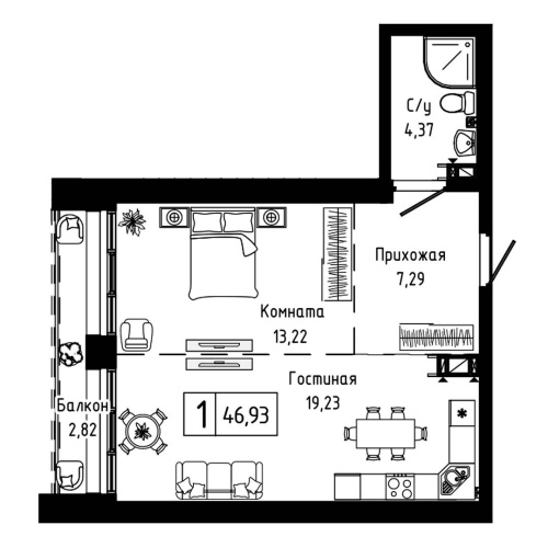 1-комн. квартира 46.93 м²