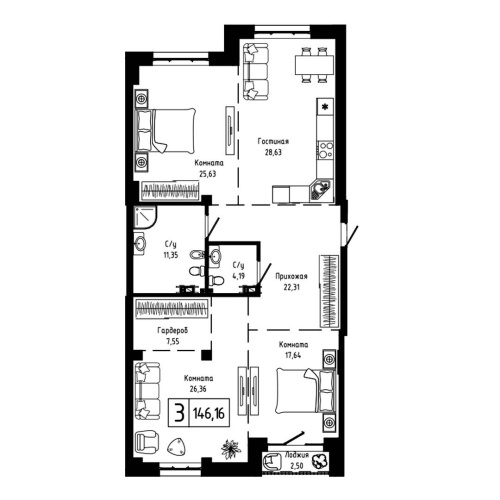 3-комн. квартира 146.16 м²