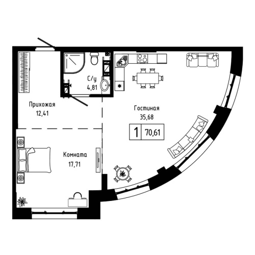 1-комн. квартира 70.61 м²