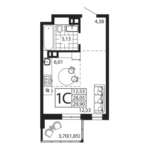 Студия 29.17 м²