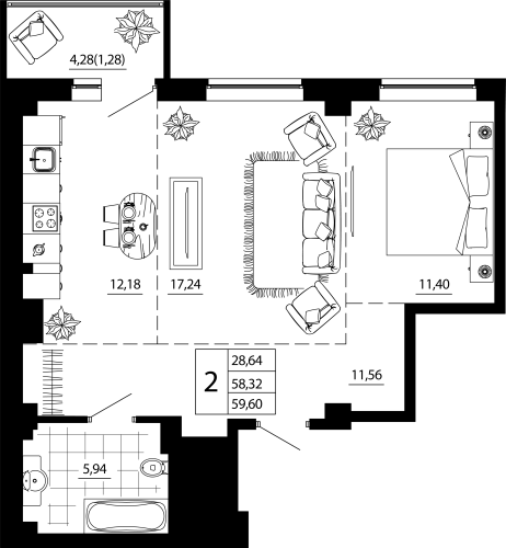 2-комн. квартира 59.49 м²