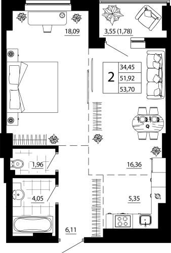 Евро 2-комн. квартира 53.57 м²