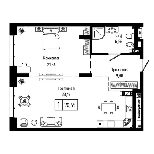 1-комн. квартира 70.65 м²