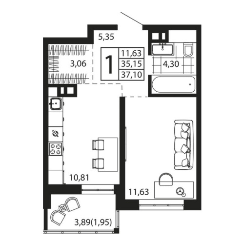 1-комн. квартира 36.37 м²