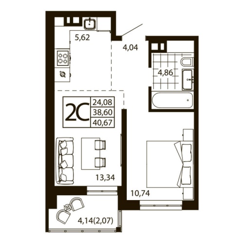 Евро 2-комн. квартира 40.62 м²