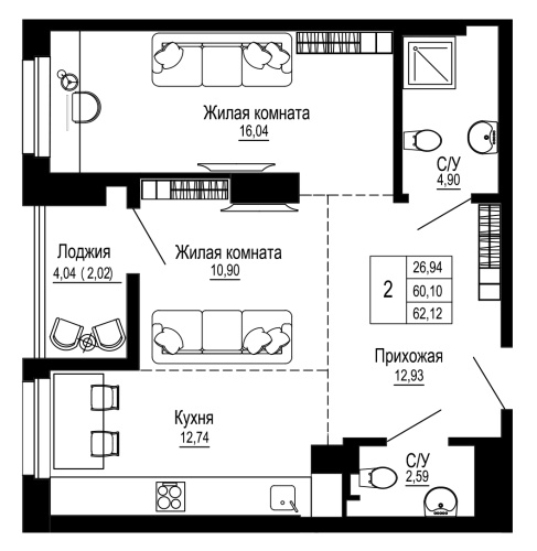 2-комн. квартира 62.43 м²
